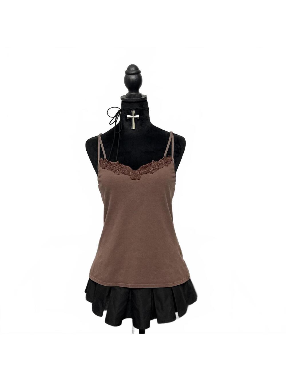 Y2K Sz L Brown Cotton Camisole Double Straps & Lace Trim Fairy Grunge 2000s